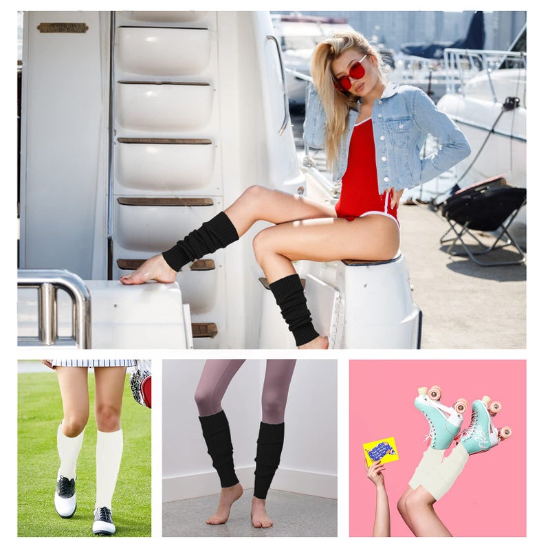 v28 V28Women Winter 80s Eighty's Warm Leg Warmers Knitted Long Socks,2 pack (Black+White) - Image 5